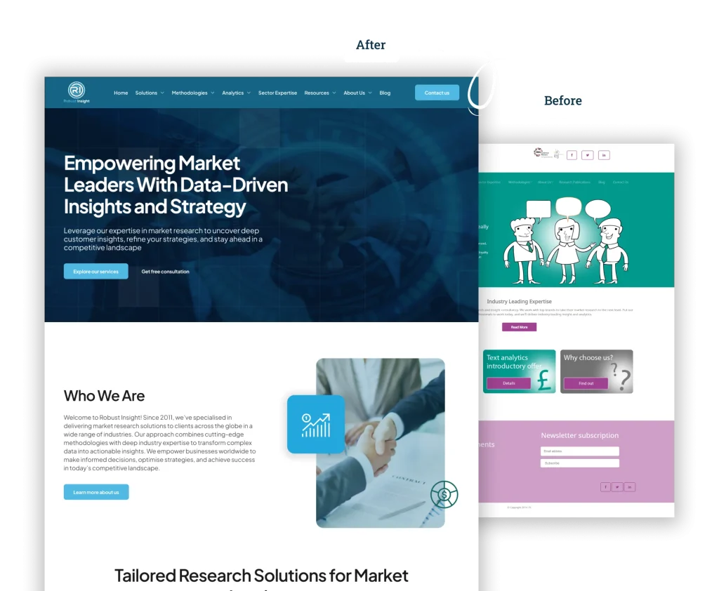 Robust Insight website redesign before-and-after mockup
